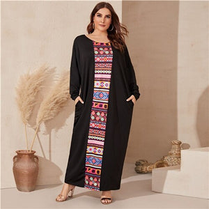 SHEIN Plus Size Black Tribal Print Panel Maxi Tee Dress Women Spring Casual Scoop Neck Tunic Plus Modest Maxi Dresses