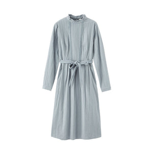 INMAN Spring Autumn Retro Lace Stand up Collar Jacquard Cotton Defined Waist A-line Solid Romantic Women Dress