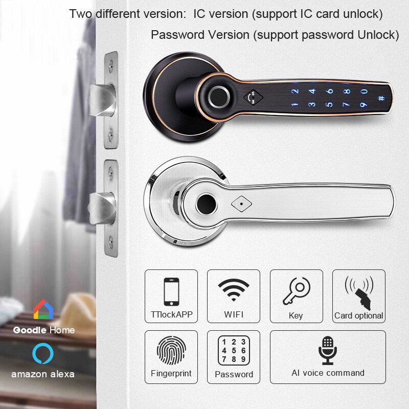 TTLOCK Wifi AI Voice Command Smart Door Lock Bluetooth Fingerprint Support Alexa Google Assistant Easy Replacement 158B