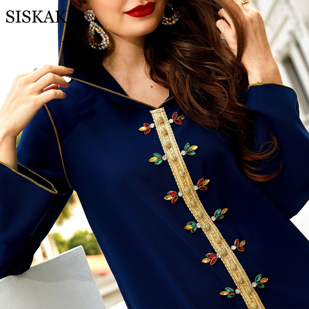 Siskakia Handmade Diamond Hooded Abaya Dress for Women Eid 2021 Modest Muslim Dubai Turkey Arabic Moroccan Kaftan Jalabiya Robe