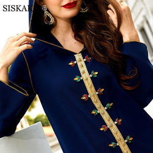 Siskakia Handmade Diamond Hooded Abaya Dress for Women Eid 2021 Modest Muslim Dubai Turkey Arabic Moroccan Kaftan Jalabiya Robe
