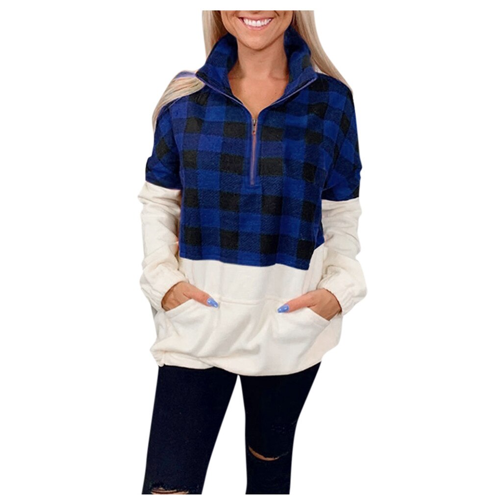 Hot Sale Sweater Women Casual Patchwork Color Block Lattice Pattern Pocket In Front Pullover Tops Winter chandail femme hiver