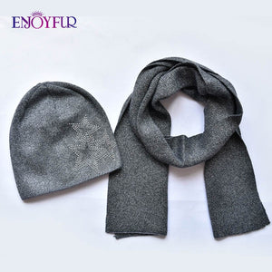 ENJOYFUR Fashion Soft Women Winter Autumn Hat And Scarf Set High Quality Female Warm Knitted Hat Scarves