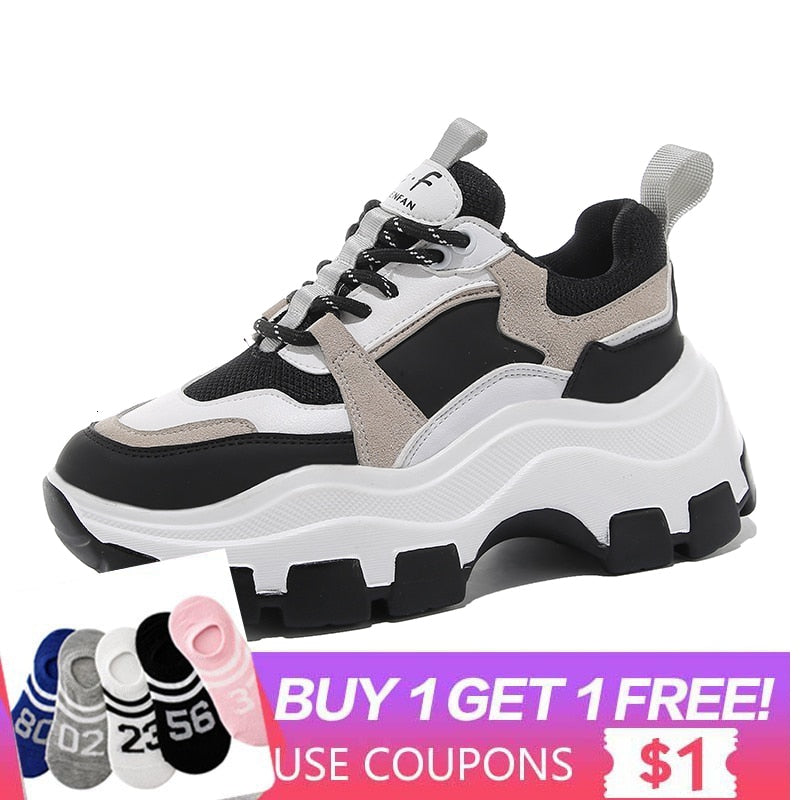 Women Chunky Sneakers Vulcanize Shoes Korean Fashion New Female Black White Platform Thick Sole Running Casual Shoe Woman 7cm