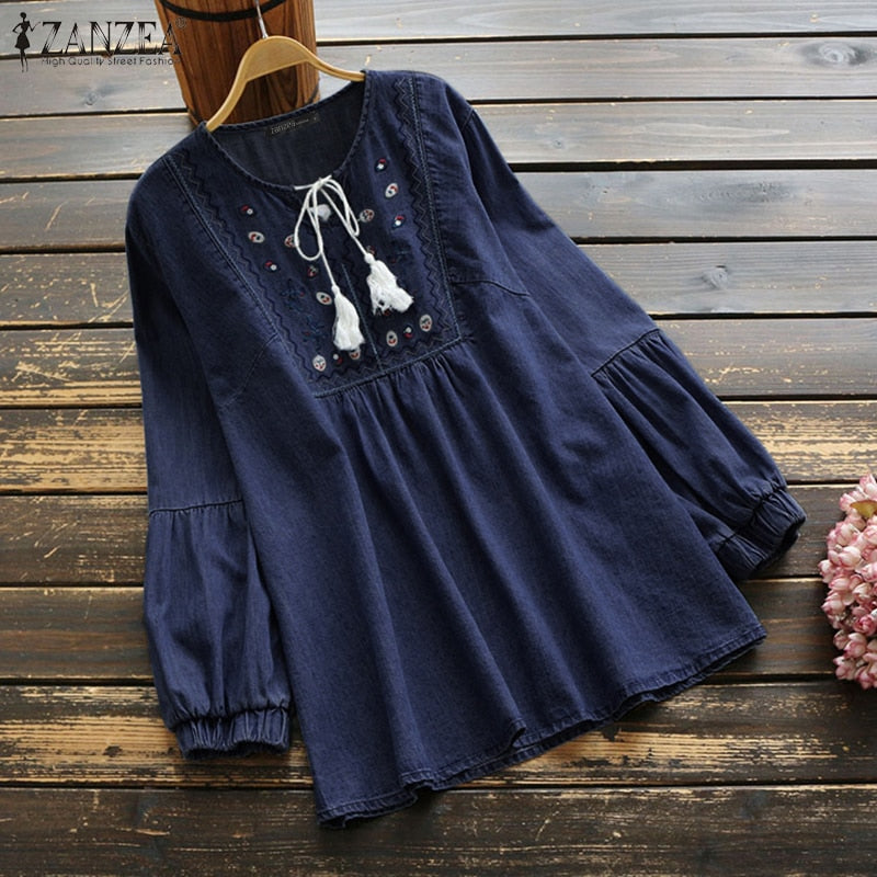 Elegant Denim Blue Shirts Womens Embroidery Blouse 2021 ZANZEA Tassel Puff Sleeve Blusas Female Casual Floral Tops Plus Size