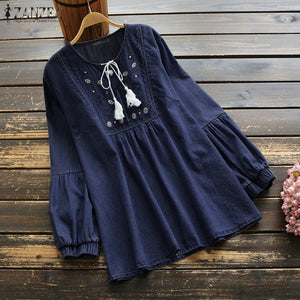 Elegant Denim Blue Shirts Womens Embroidery Blouse 2021 ZANZEA Tassel Puff Sleeve Blusas Female Casual Floral Tops Plus Size