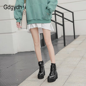 Gdgydh New Sexy Chain Women Leather Autumn Boots Block Heel Gothic Black Punk Style Platform Shoes Female Footwear High Quality