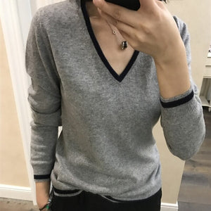 Hit Color Cashmere Cotton Blended V-Neck Sweater Women 2020 Autumn Winter Knitwear Jumper Pull Femme Pullover Sweater