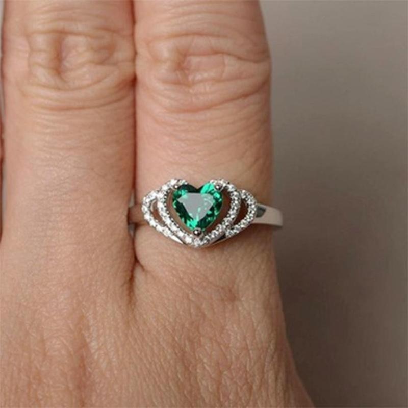 New Green Zircon Heart Ring Romantic Crystal Double Hearts Silver Finger Rings For Women Wedding Engagement Jewelry Bague Gifts