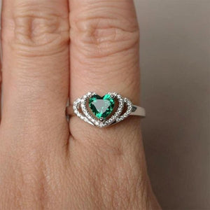 New Green Zircon Heart Ring Romantic Crystal Double Hearts Silver Finger Rings For Women Wedding Engagement Jewelry Bague Gifts