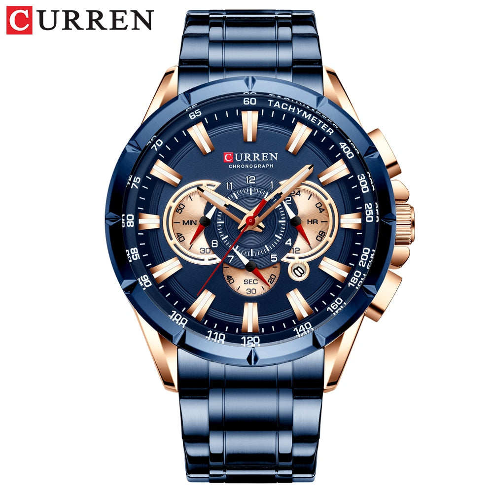 CURREN New Causal Sport Chronograph Men's Watch Stainless Steel Band Wristwatch Big Dial Quartz Watches with Luminous Pointers