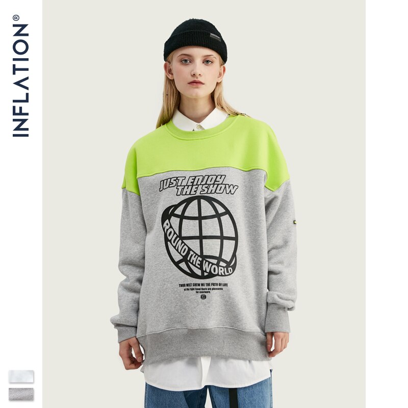 INFLATION 2020 FW Men Sweatshirt Fashion Hip Hop Male Sweatshirt With Earth Print Oversized Thick Fleece Couple Sweatshirt 9639W