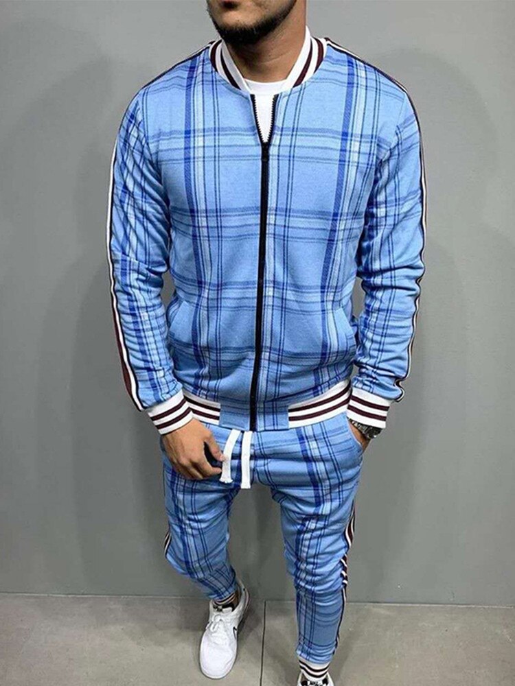 New Colorful Plaid Men Casual Zipper Set Autumn Tracksuit Set Male Sweatshirt Pocket Fashion Jackets Men Tracksuit Sets Mens set