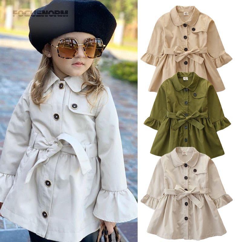 FOCUSNORM 2-7Y Infantile Bébé fille de Couleur Pleine Tranchée Manteau Mode Britannique Style Simple boutonnage Revers Bandage à manches longues Manteau