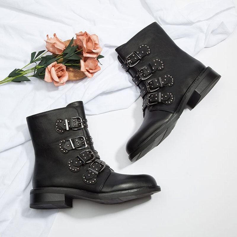 Leather Women Ankle Boots Autumn Rivet Buckle Short Boots For Ladies Flat Fashion Woman Black Winter Punk Motocycle Shoes 2020