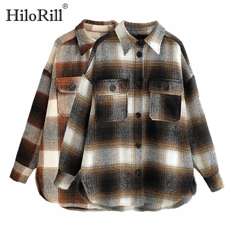 HiloRill Autumn Winter Streetwear Plaid Jacket Women Batwing Long Sleeve Loose Coat Office Casual Pocket Tops Ladies Outerwear