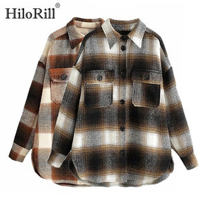 HiloRill Autumn Winter Streetwear Plaid Jacket Women Batwing Long Sleeve Loose Coat Office Casual Pocket Tops Ladies Outerwear