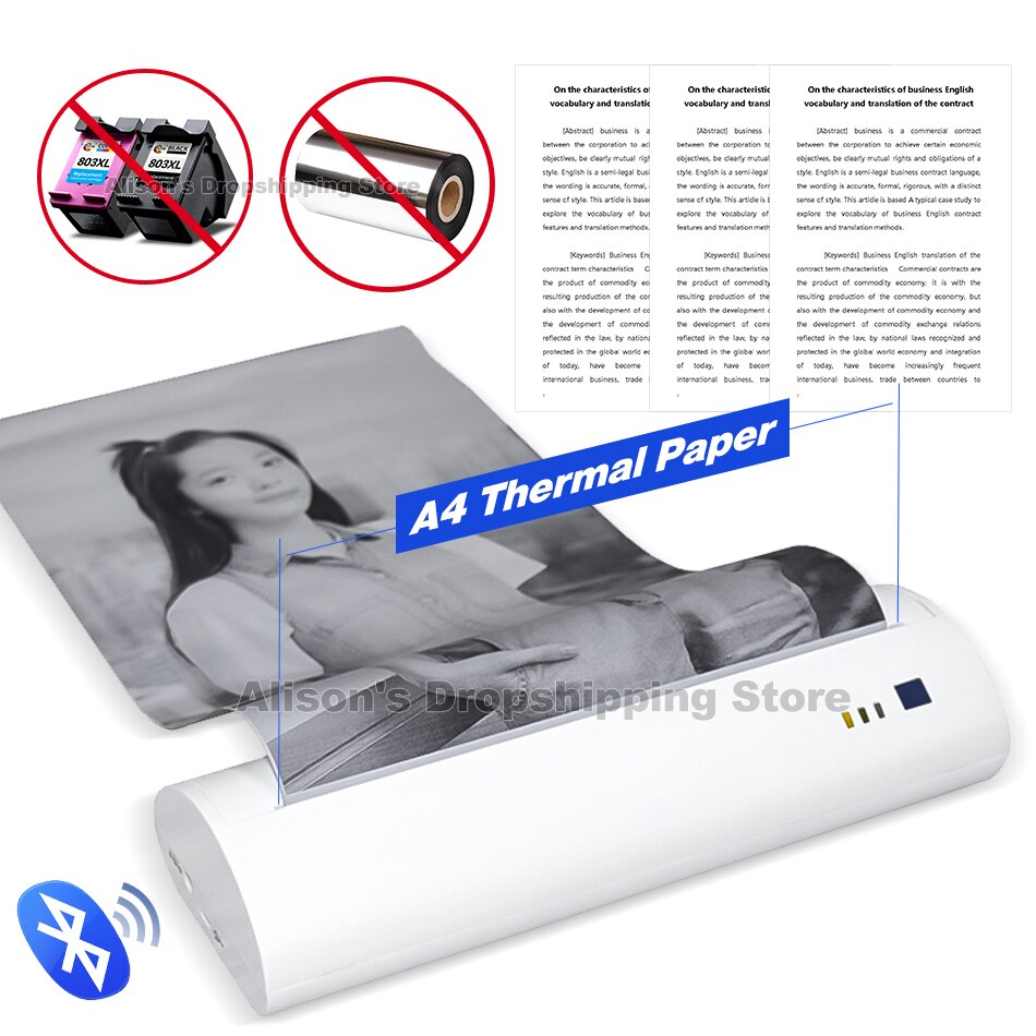 A4 Printer Thermal Bluetooth Printer with free APP Built-in Battery Support PDF Documents photos ios android PC USB