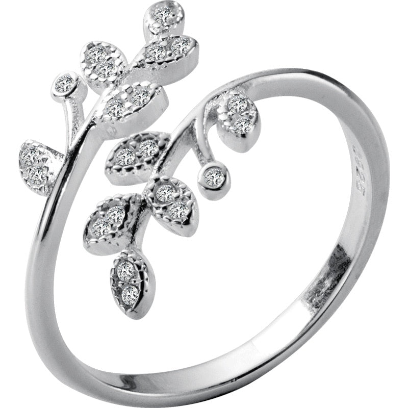DIEERLAN Personality 925 Sterling Silver Crystal Leaf Rings For Women Wedding Jewelry Adjustable Antique Finger Ring Anillos