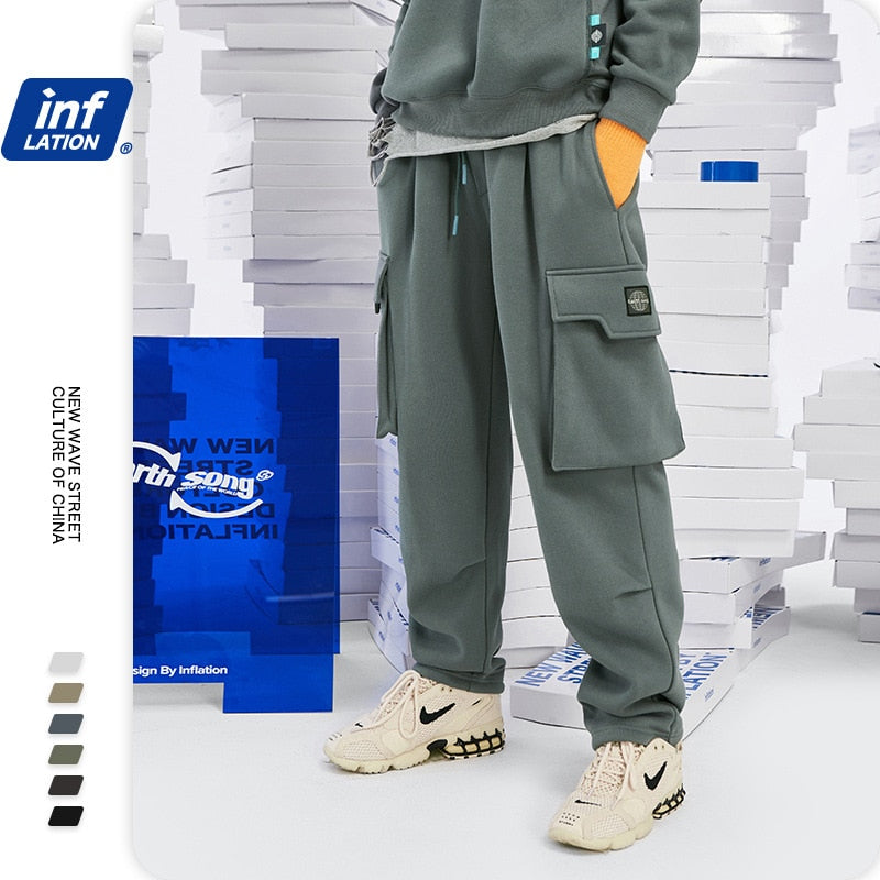 INFLATION Loose Fit Men Sweatpants In Pure Color 2020 Autumn Winter Retro Warm Sweatpants Men Streetwear Men Casual Pants 3232W
