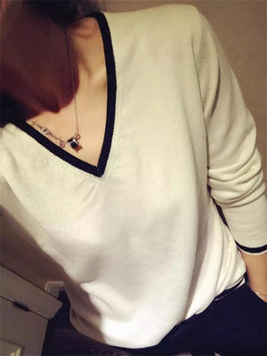 Hit Color Cashmere Cotton Blended V-Neck Sweater Women 2020 Autumn Winter Knitwear Jumper Pull Femme Pullover Sweater