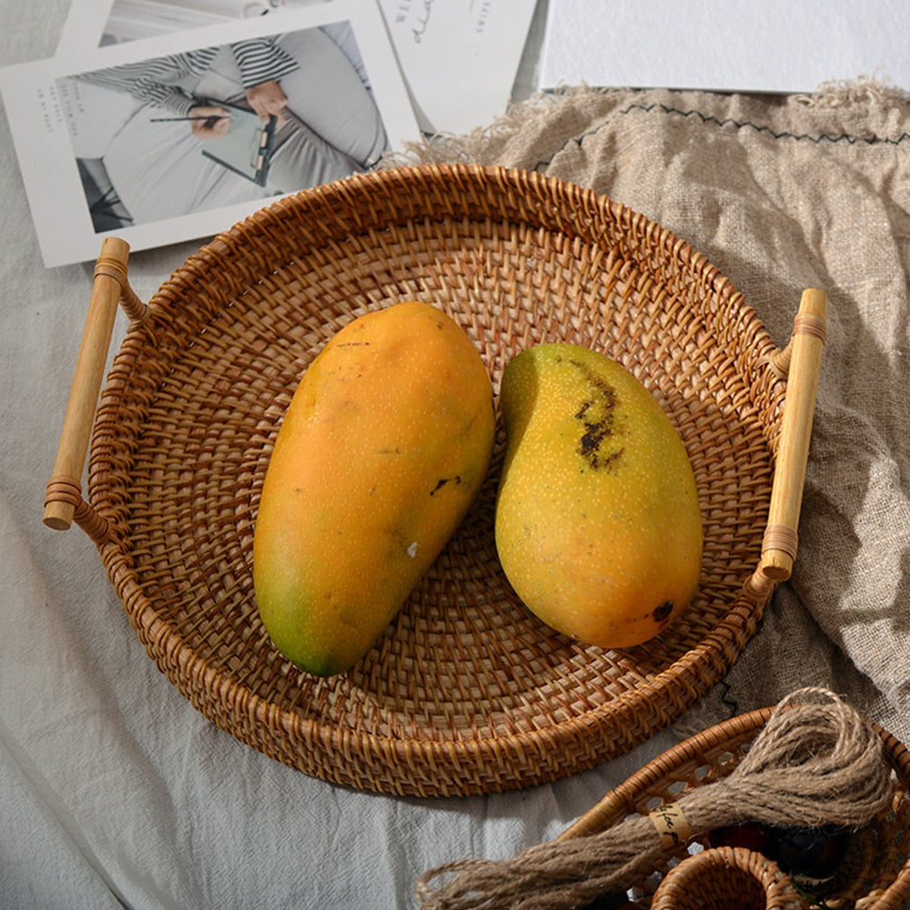 Rattan Storage Tray Round Basket with Handle Hand-Woven Rattan Tray Wicker Basket Bread Fruit Food Breakfast Display L