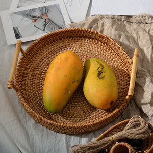 Rattan Storage Tray Round Basket with Handle Hand-Woven Rattan Tray Wicker Basket Bread Fruit Food Breakfast Display L