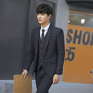 Men Slim Fit Plaid Suit 2pc set Male Wedding Groom Blazers Pants Man Formal Business Work Wear Suits Costume Homme