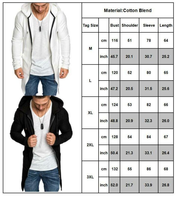 Mens Casual Hoodie Hooded Longline Zip Sweatshirt Sweater Jacket Outwear Coat XL
