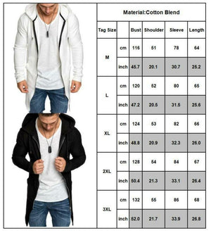 Mens Casual Hoodie Hooded Longline Zip Sweatshirt Sweater Jacket Outwear Coat XL