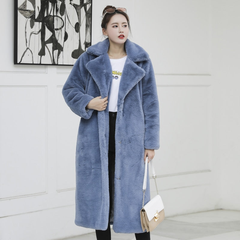 Winter Women High Quality Faux Rabbit Fur Coat Luxury Long Fur Coat Loose Lapel OverCoat Thick Warm Plus Size Female Plush Coats