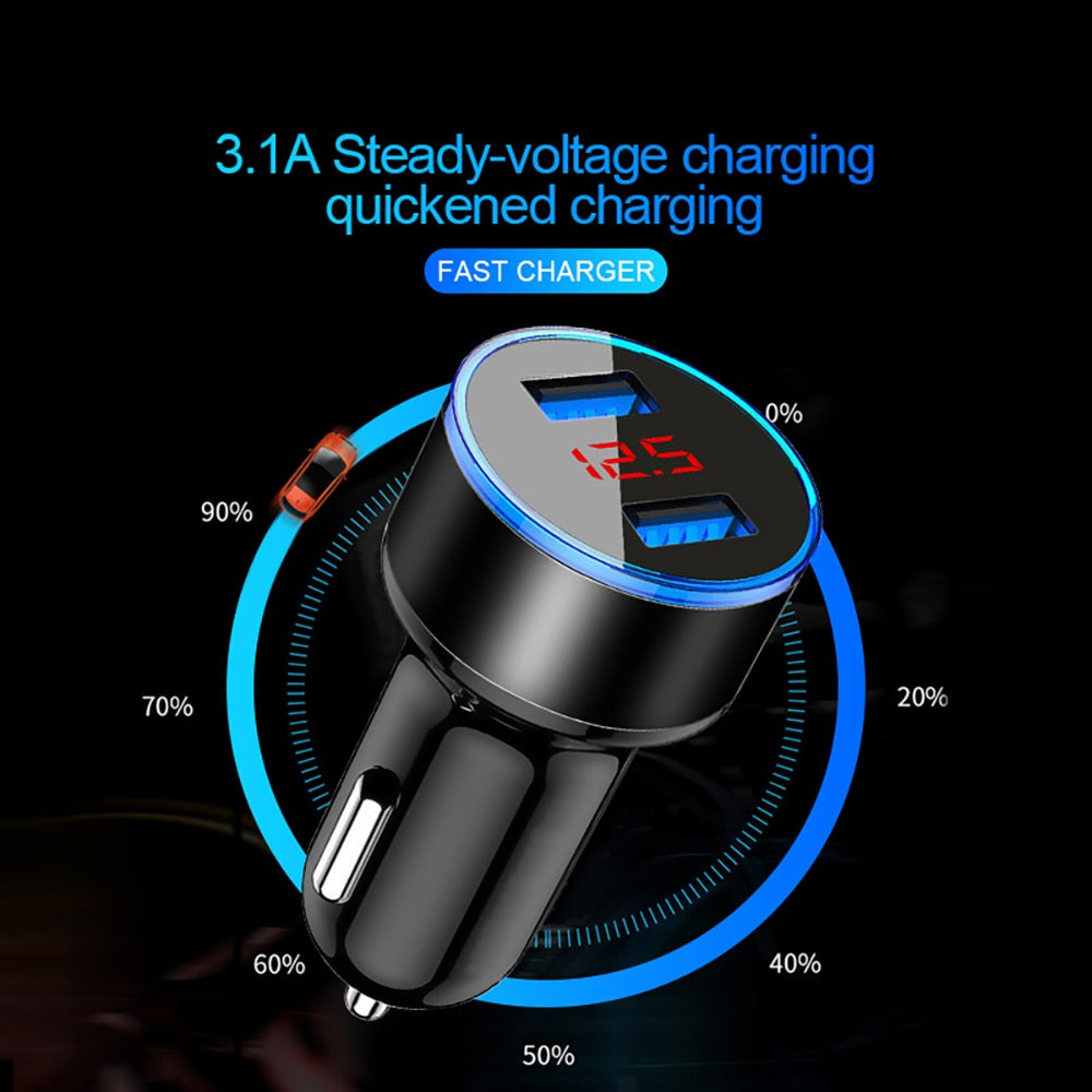 Mini chargeur de voiture USB pour iPhone XR 11 chargeurs de téléphone de voiture rapide charge rapide avec affichage LED 3.1A double chargeur de téléphone USB dans la voiture