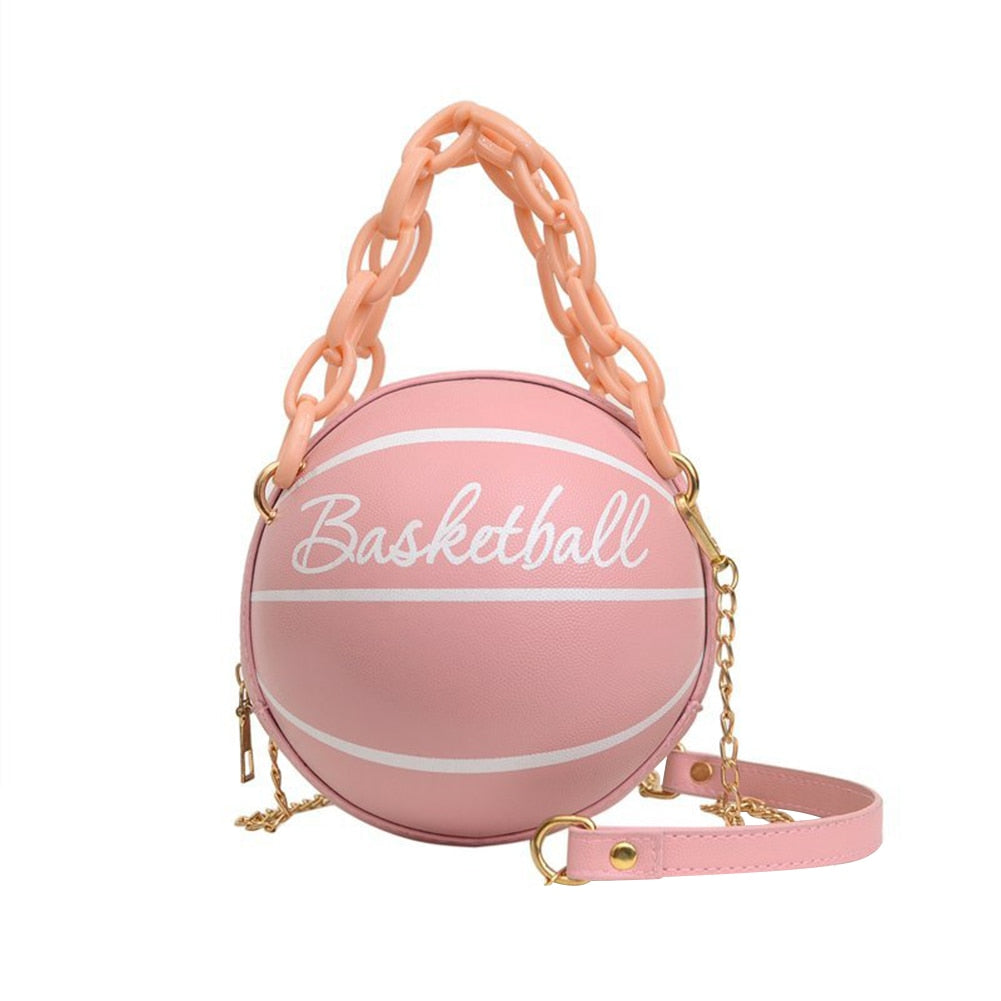 Fashion Basketball Round Shaped Shoulder Bags for Women Acrylic Chain Casual Small Totes PU Leather Messenger Crossbody Handbags