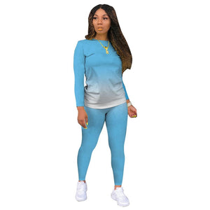 Wjustforu deux pièces ensemble femmes mode dégradé imprimé moulante survêtement à manches longues haut + motard Joggers pantalon tenues femme