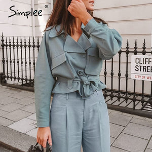Simplee casual solid autumn winter jackets women Long sleeve notched outwear female coat Streetwear oversize ladies belt coats