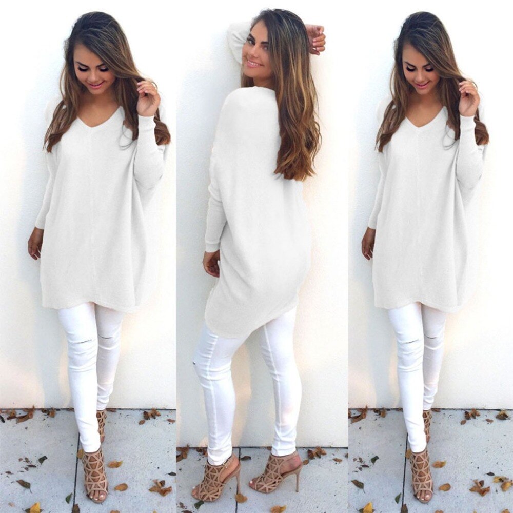 V-Neck Long-Sleeved Women'S Sweater Knitted Long Top Sweaters