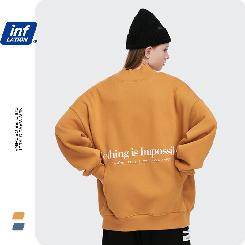 INFLATION Men Thick Fleece Sweatshir Streetwear толстовка 2020 Winter Letter Printing High Collar Loose Sweatshirt Men 1345W