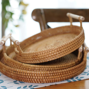 Rattan Storage Tray Round Basket with Handle Hand-Woven Rattan Tray Wicker Basket Bread Fruit Food Breakfast Display L