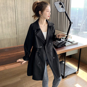 Trench coat women's long section small Korean version loose loose net red suit collar waist casual retro