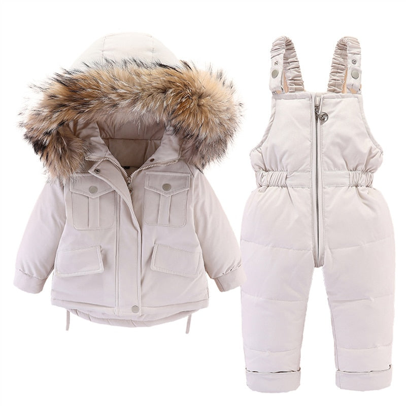 2 pièces ensemble bébé fille hiver doudoune et combinaison pour enfants épaissir chaud fourrure col veste pour filles infantile snowsuit 0-4Year