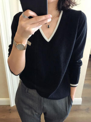 Hit Color Cashmere Cotton Blended V-Neck Sweater Women 2020 Autumn Winter Knitwear Jumper Pull Femme Pullover Sweater