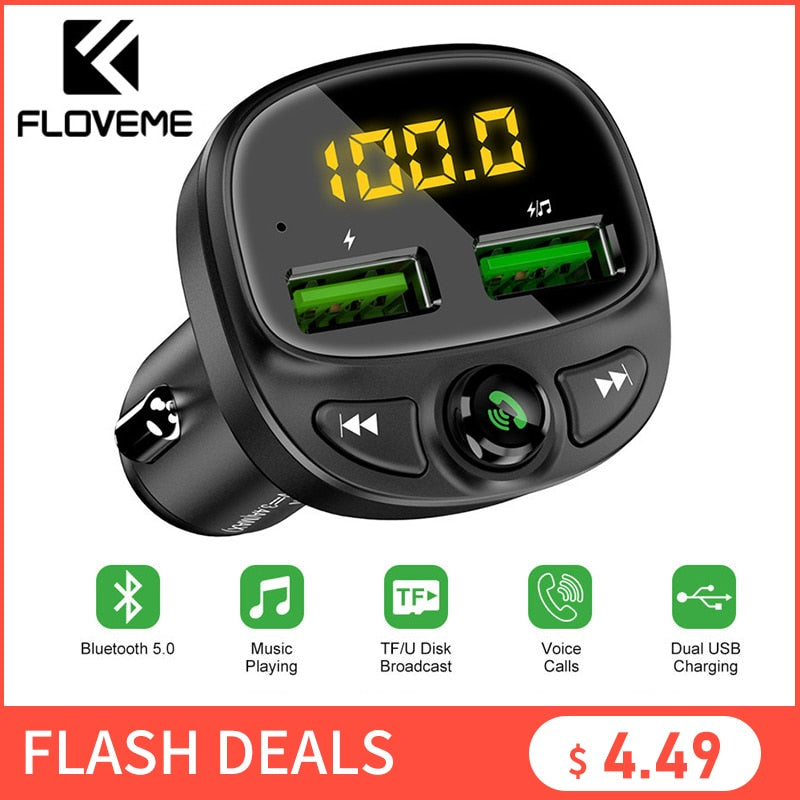 FLOVEME USB Car Charger For Phone Bluetooth Wireless FM Transmitter MP3 Player Dual USB Charger TF Card Music HandFree Car Kit