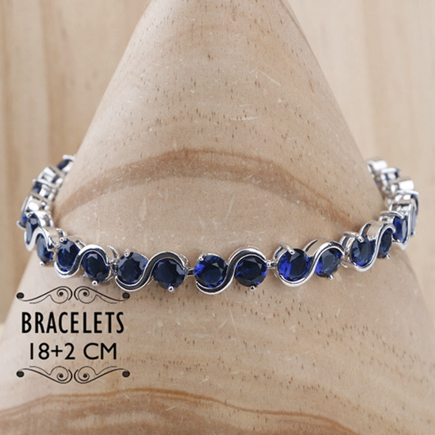 Ladies Silver 925 Jewelry Sets For Women 2018  Blue Cubic Zirconia Rings/Bracelets/Earrings/Pendant Necklace Set Free Gift Box