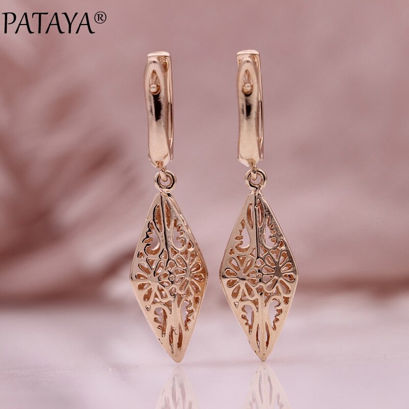 PATAYA New 585 Rose Gold Long Dangle Earrings Women Hollow Earrings Pattern Conical Simple Wedding Party Fine Fashion Jewelry