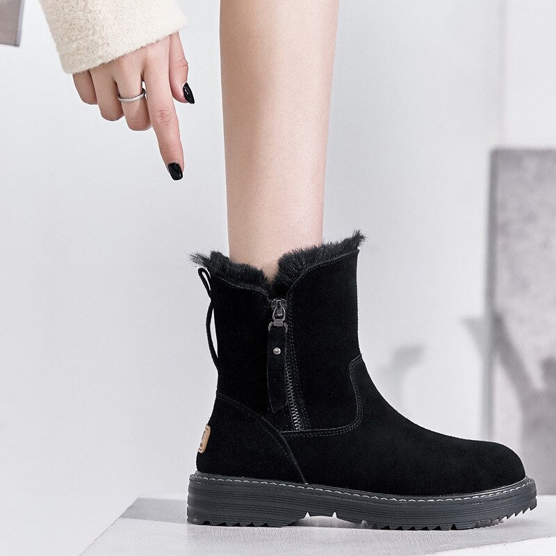 2020  Genuine Leather Winter Zipper Fur Warm Plush Ankle Snow Boots With Platform Low Heels Short Booties Women Flat Shoes