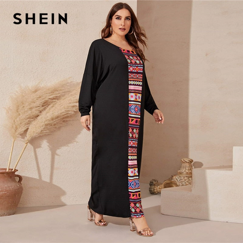 SHEIN Plus Size Black Tribal Print Panel Maxi Tee Dress Women Spring Casual Scoop Neck Tunic Plus Modest Maxi Dresses