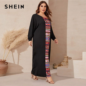 SHEIN Plus Size Black Tribal Print Panel Maxi Tee Dress Women Spring Casual Scoop Neck Tunic Plus Modest Maxi Dresses
