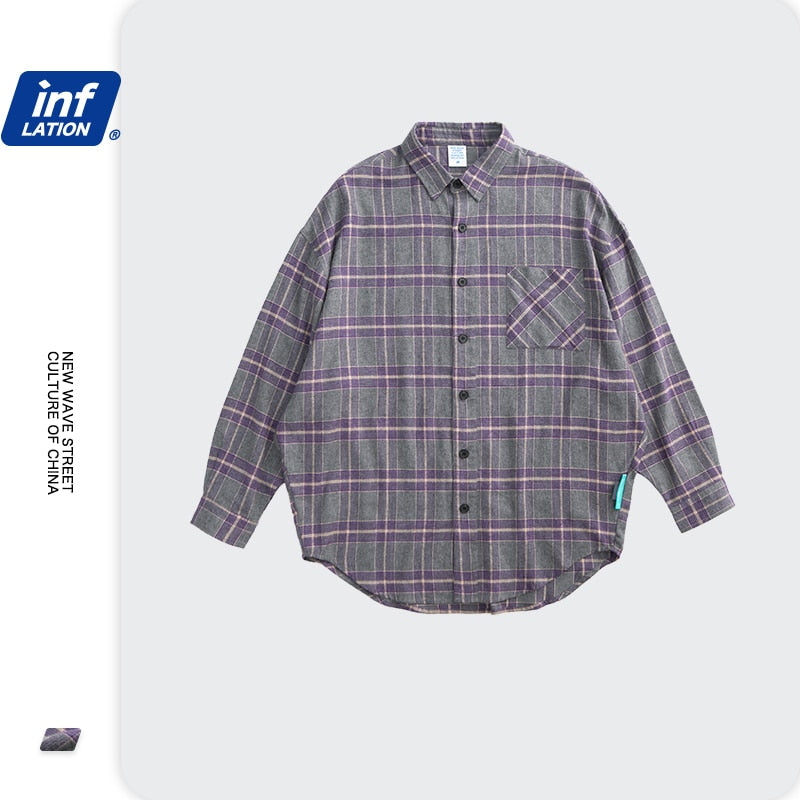INFLATION Harajuku Plaid Shirt Men рубашка 2020 Autumn Loose Casual Long Sleeve Shirt Men Cotton Hip Hop Checked Shirt Male2080W