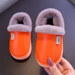 Winter Children Warm Shoes For Boy Girl Cotton Slippers PU Leather Baby Kid Indoor Cotton Shoes Fashion Home Hairy Casual Shoes