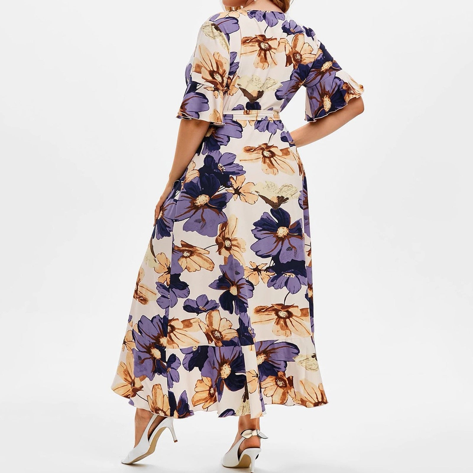 2021 Fashion Summer Beach Dress Women V Neck Short Sleeve Floral Print Ruffles Boho Dress Plus Size Maxi Long Dresses